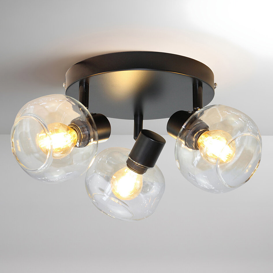 Rund taklampa Jenthe med tre lampor - svart med transparent glas