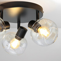 Rund taklampa Jenthe med tre lampor - svart med transparent glas