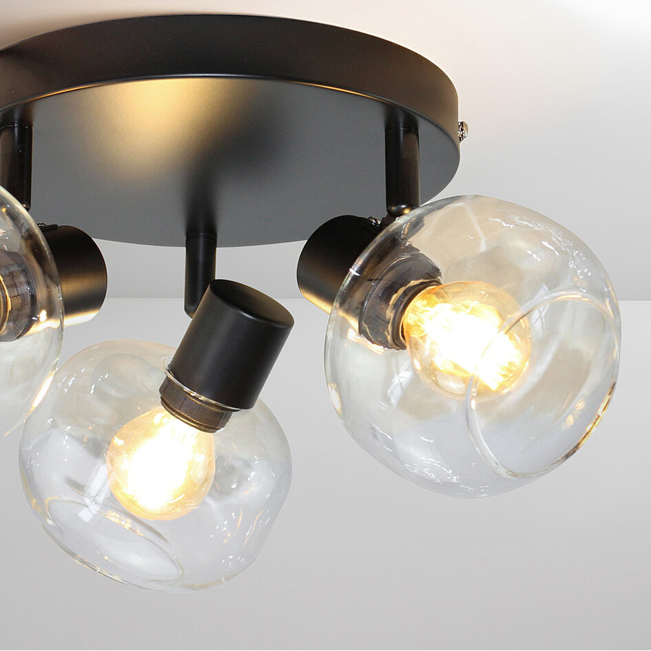 Rund taklampa Jenthe med tre lampor - svart med transparent glas