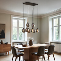 Pendellampa Sidney med åtta lampor - svart med rökgrått glas