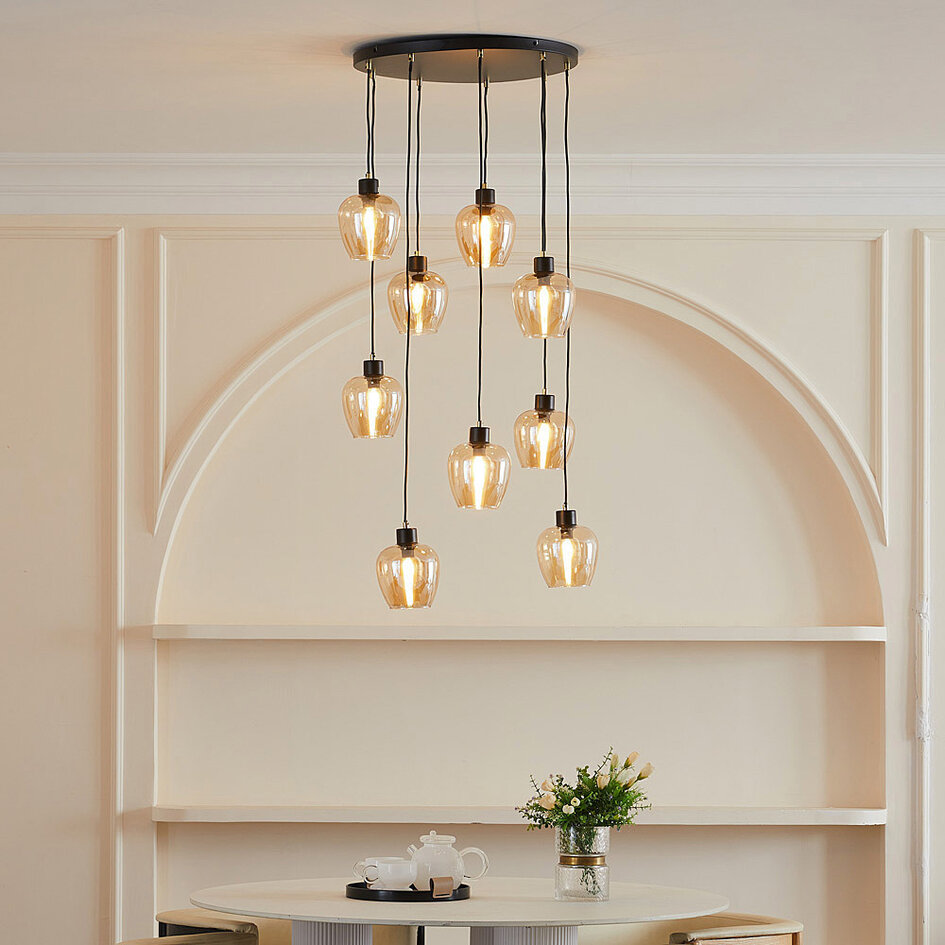 9-ljus taklampa svart med bärnstensfärgat glas - Alturas