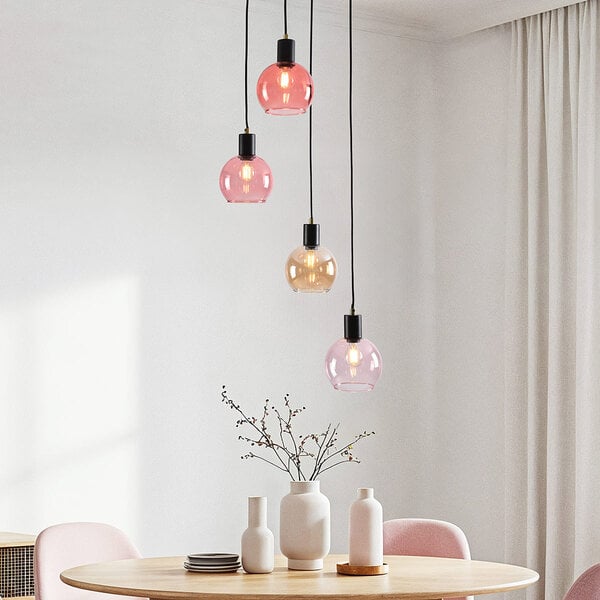 Pendellampa Monroe med fyra lampor - svart med amberfärgat och rosa glas