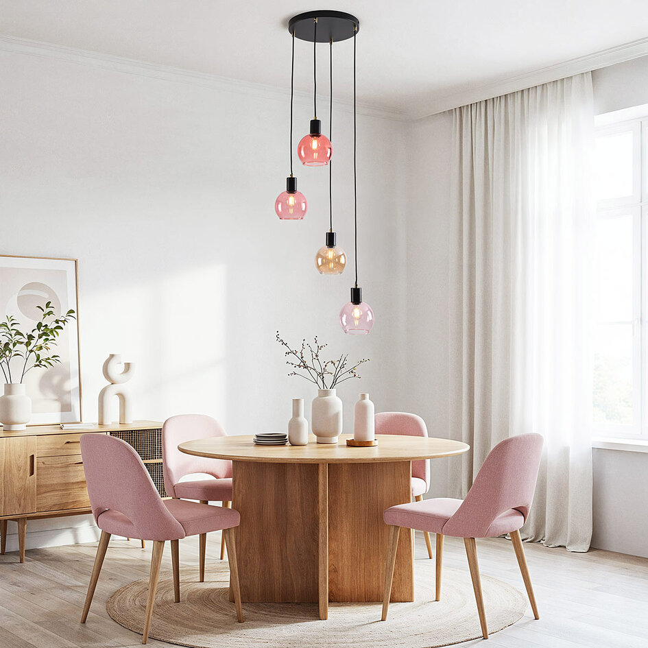 Pendellampa Monroe med fyra lampor - svart med amberfärgat och rosa glas