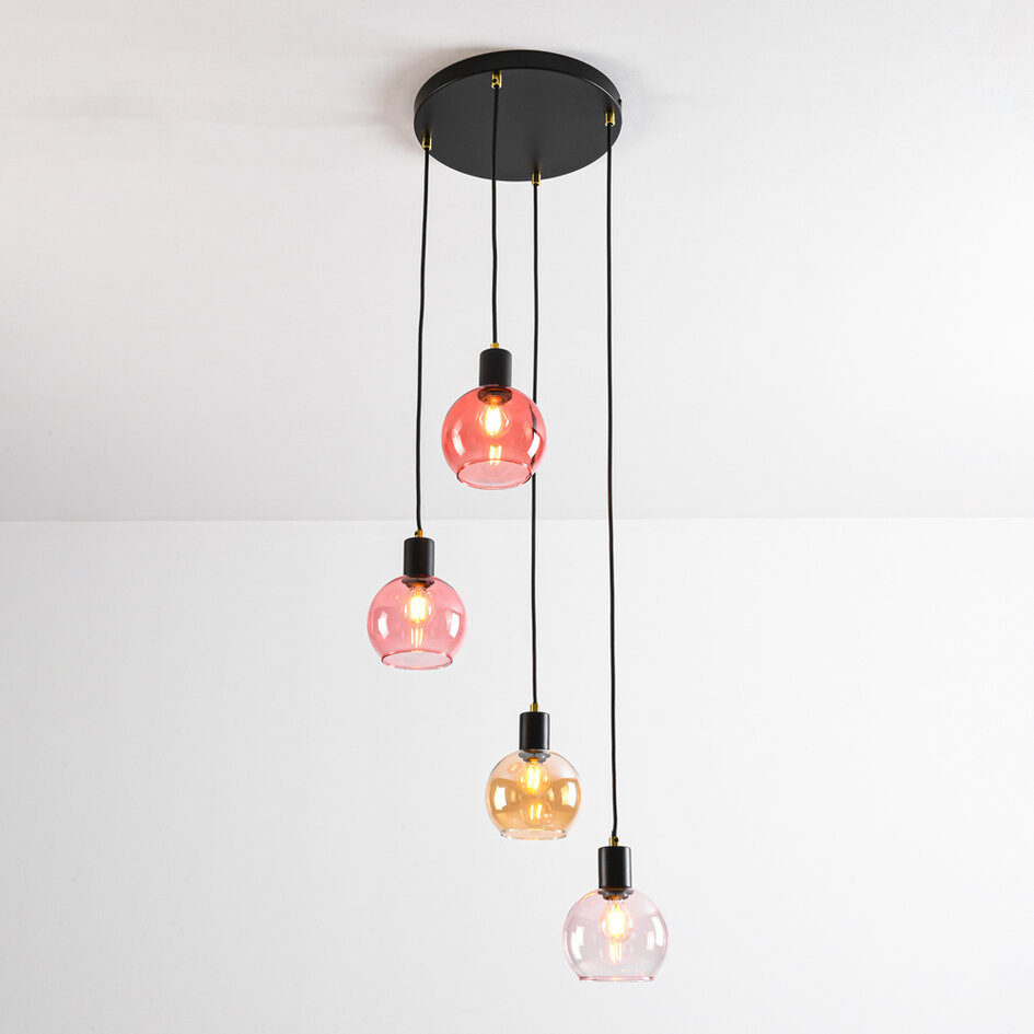 Pendellampa Monroe med fyra lampor - svart med amberfärgat och rosa glas