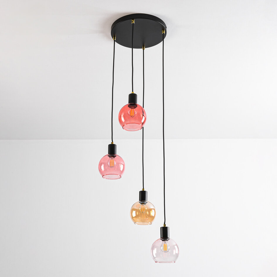 Pendellampa Monroe med fyra lampor - svart med amberfärgat och rosa glas