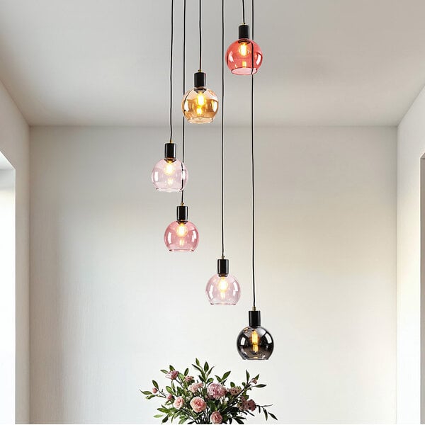 Taklampa svart med bärnstensfärgat, rökfärgat och rosa glas, 6-ljus - Monroe