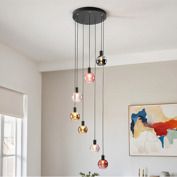 Hänglampa svart med bärnstensfärgat, rökfärgat och rosa glas, 7-ljus - Monroe