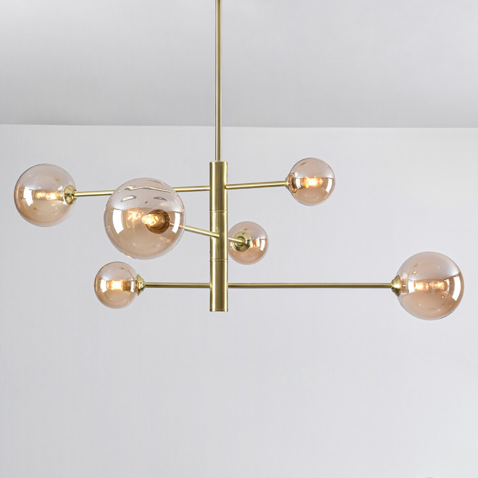 Design taklampa guld med bärnstensfärgat glas, 6-ljus - Sest