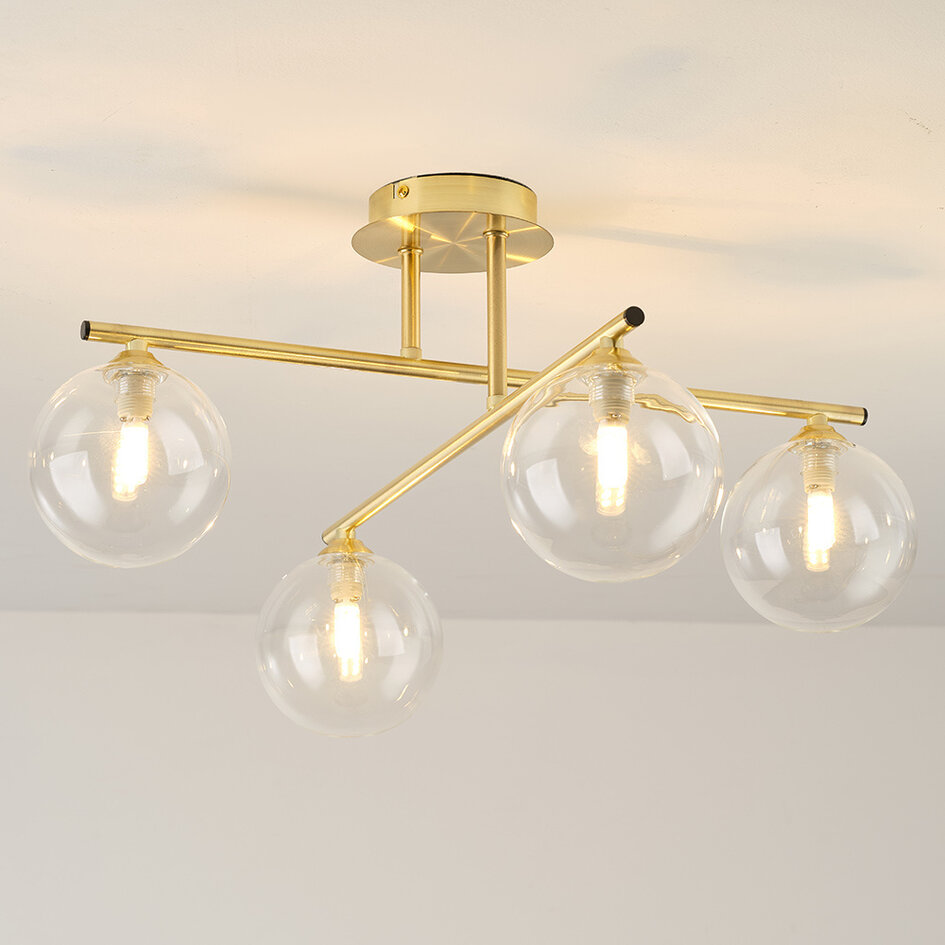 Taklampa Nymo med fyra lampor - guld med transparent glas