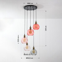 Pendellampa Liya med fem lampor - med rökfärgat, rött och rosa glas