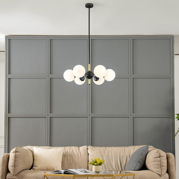 Design taklampa Callie svart med mjölkvitt glas, 6-ljus
