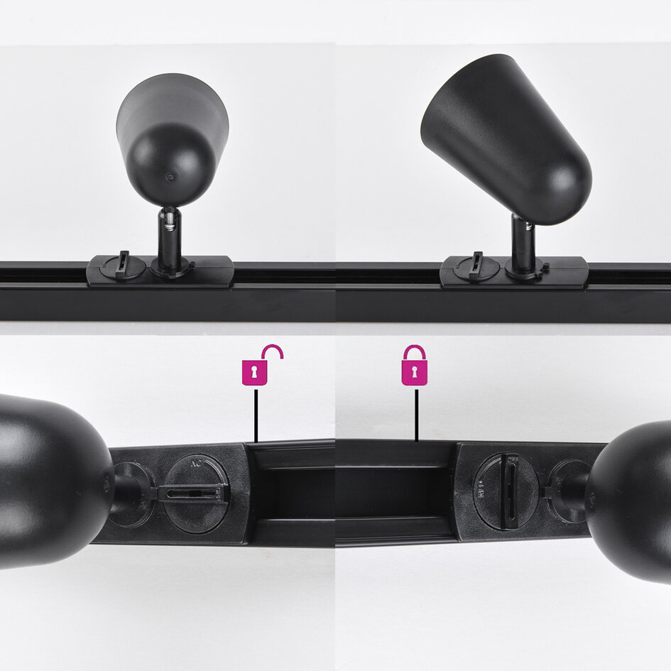 Set med 1-fas skensystem på 1,5 meter och Sev-spotlights, 3-stegs dimbar