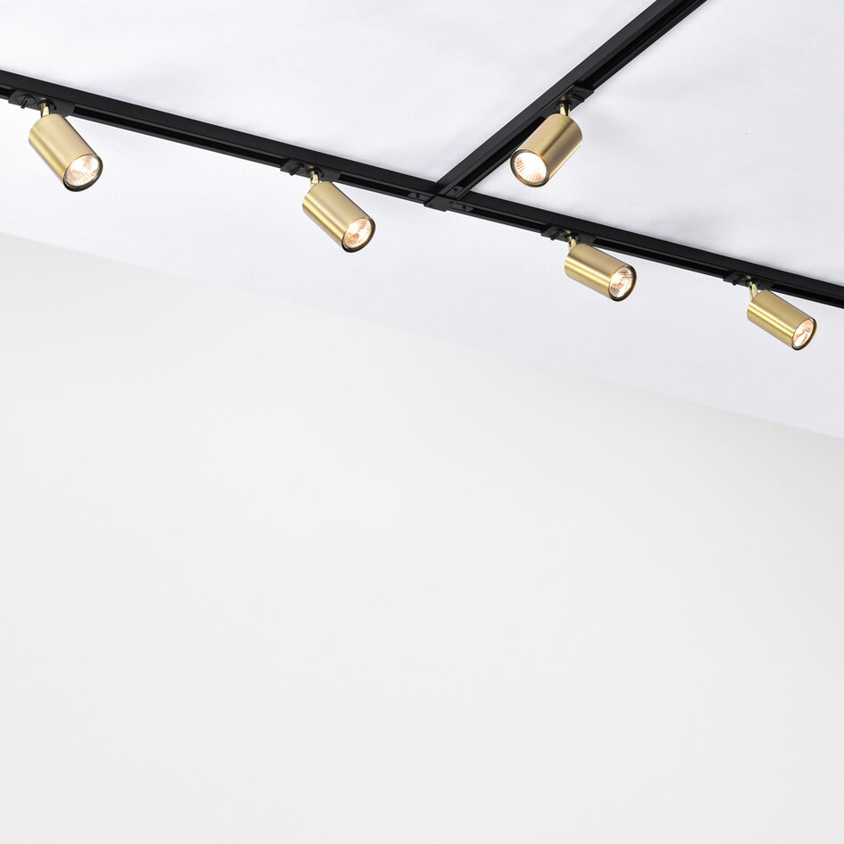 Set med 1-fas skensystem på 3 meter och Mels-spotlights, guld