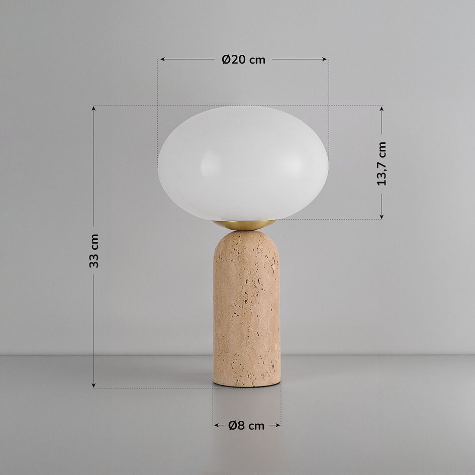 Bordslampa Tareo med glaskula och travertin (natursten)