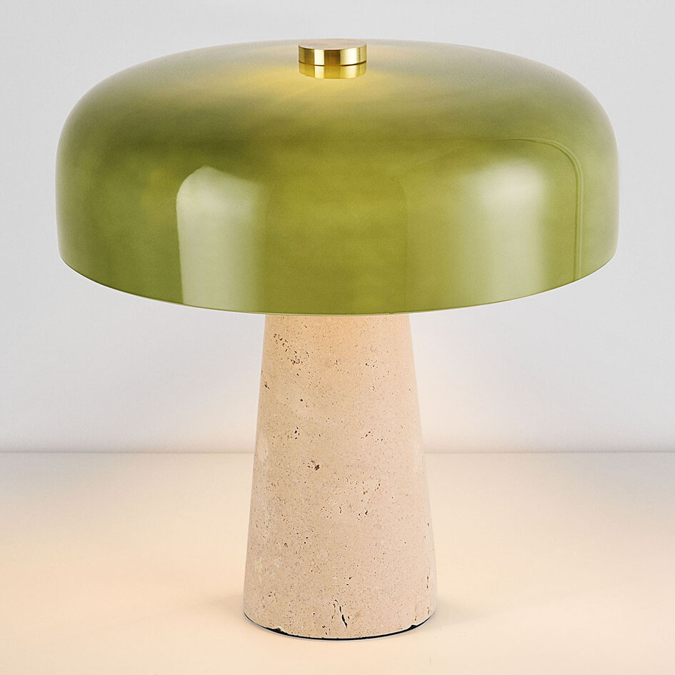 Bordslampa Sento med grön glaskupa och travertin (natursten)
