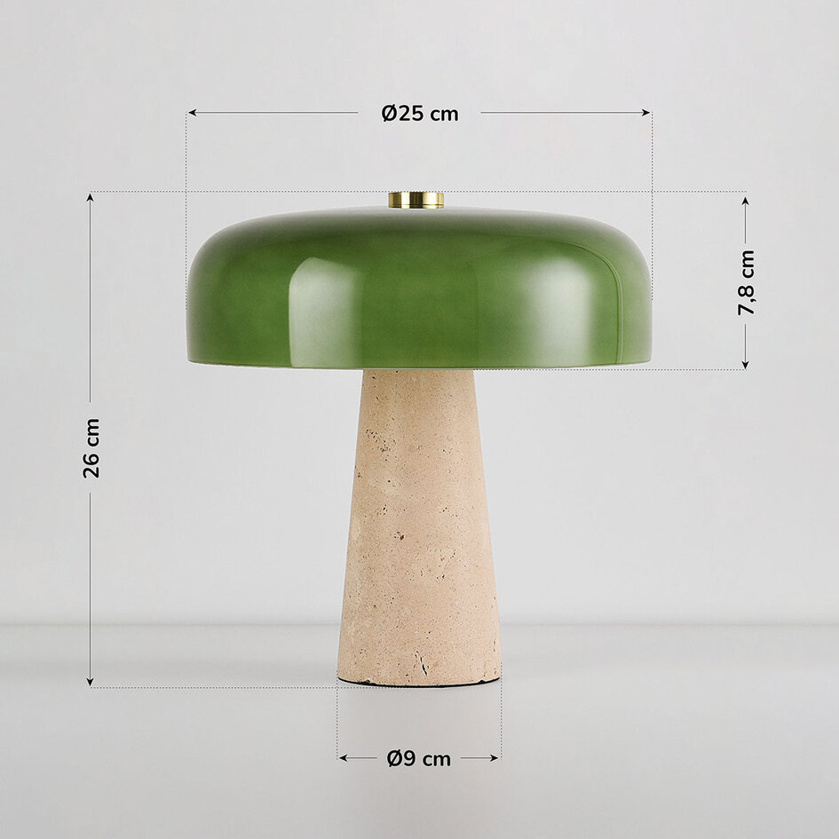 Bordslampa Sento med grön glaskupa och travertin (natursten)