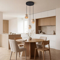 Pendellampa Sani med tre lampor i travertin (natursten) och amberglas