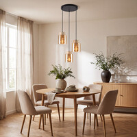 Pendellampa Jawee med tre lampor i travertin (natursten) och amberglas