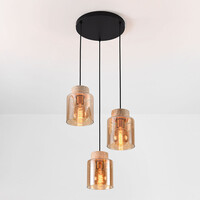 Pendellampa Jawee med tre lampor i travertin (natursten) och amberglas