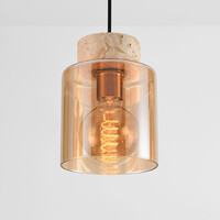 Pendellampa Naki med tre lampor i travertin (natursten) och amberglas