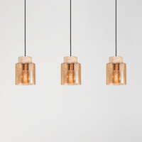 Pendellampa Naki med tre lampor i travertin (natursten) och amberglas