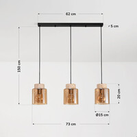 Pendellampa Naki med tre lampor i travertin (natursten) och amberglas