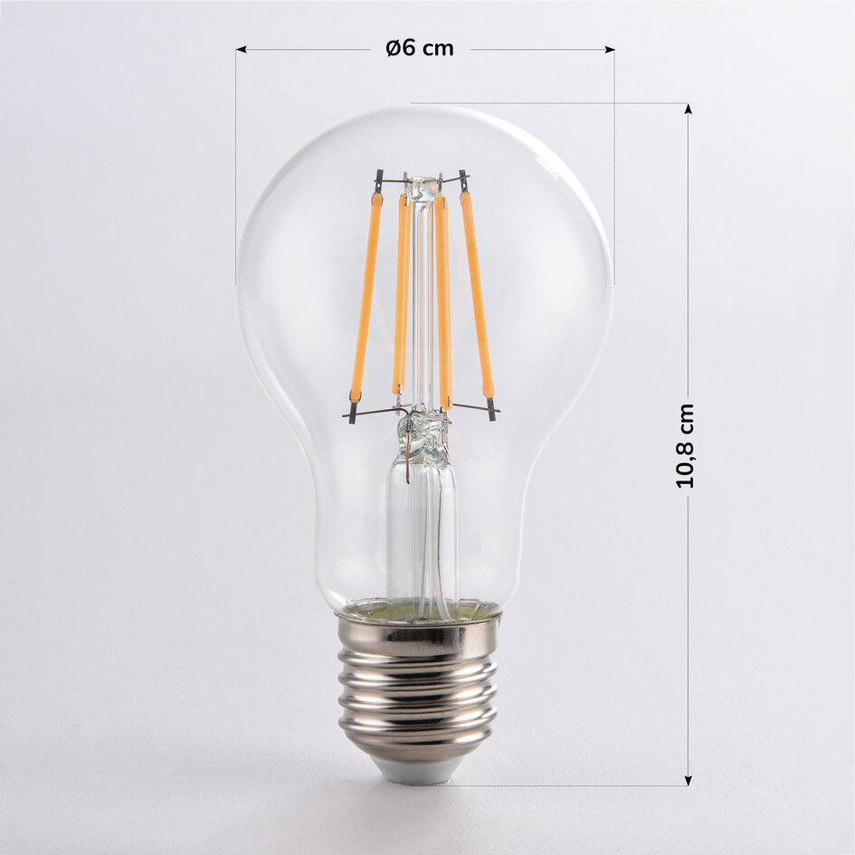 E27 LED-filamentlampa med skymningssensor 4,5W, klar, 2700K, Ø60 mm