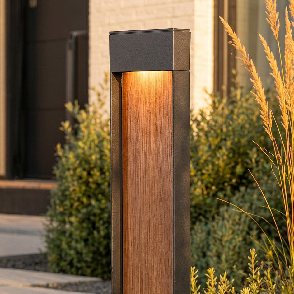 Stående utomhuslampa Maxim med integrerad LED i antracit och träutseende