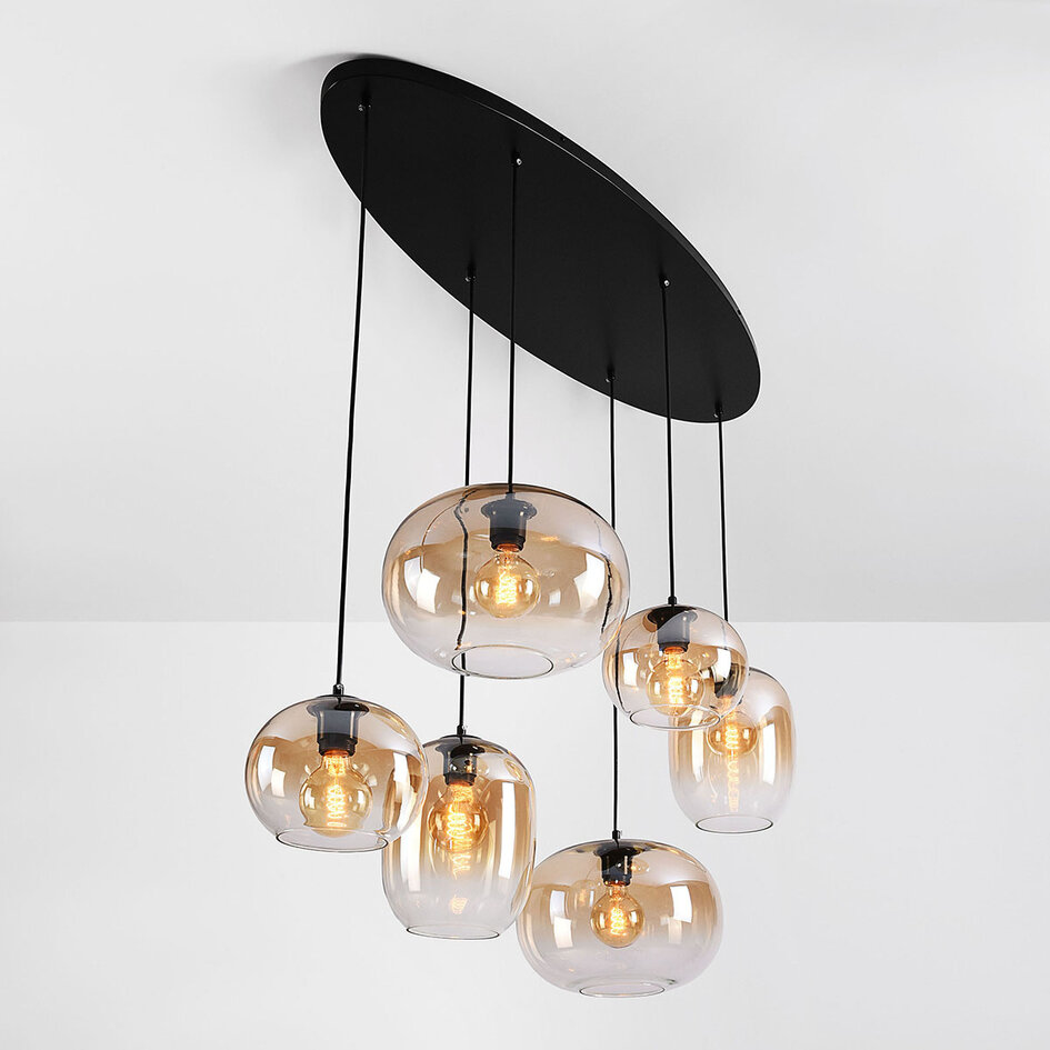 Pendellampa Opale med sex lampor och amber ombre-glas