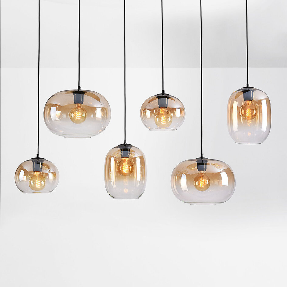 Pendellampa Opale med sex lampor och amber ombre-glas
