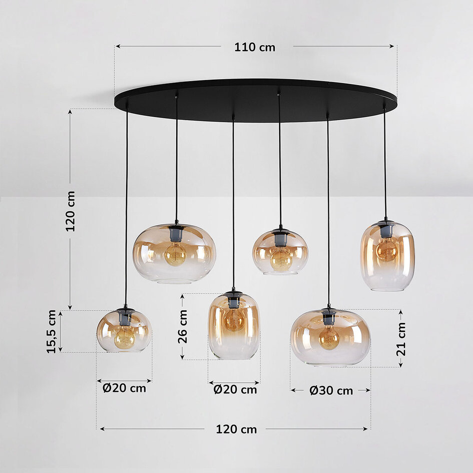 Pendellampa Opale med sex lampor och amber ombre-glas