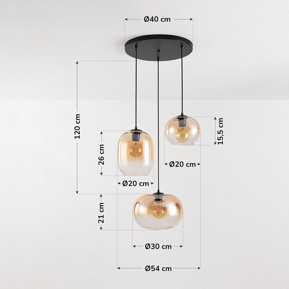 Pendellampa Olare med tre lampor och amber ombre-glas