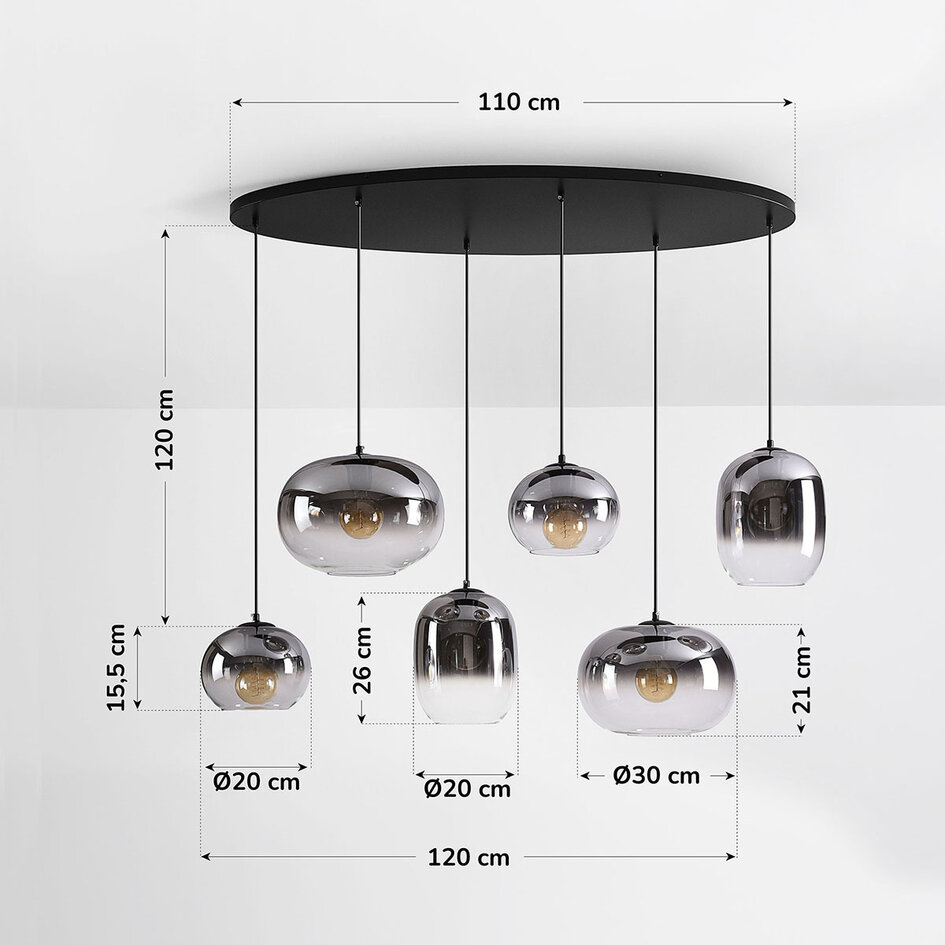 6-ljus taklampa Opale med smoke ombre glas