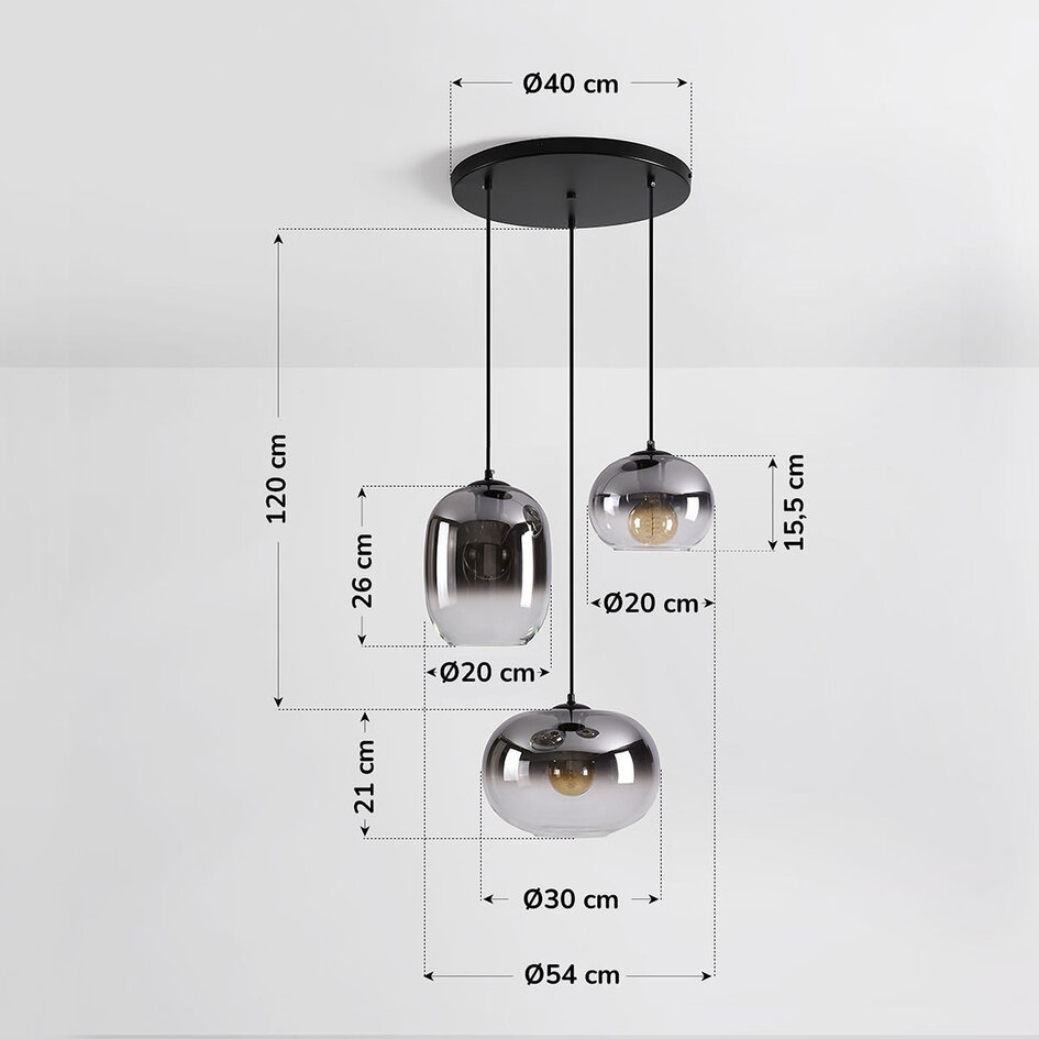 Pendellampa Olare med tre lampor och rökfärgat ombre-glas