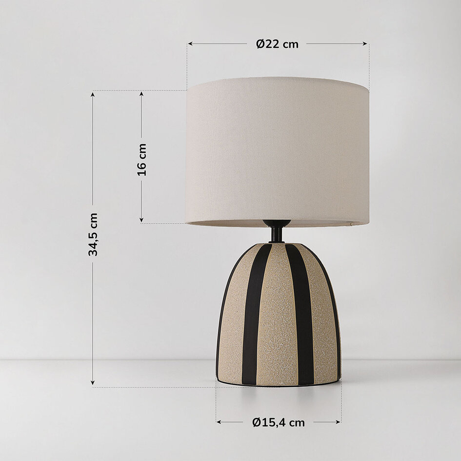 Bordslampa Miora i randig keramik med tygskärm i beige