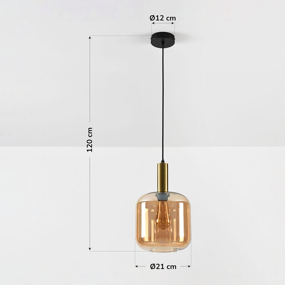 Pendellampa Basso i guld med brett amberglas