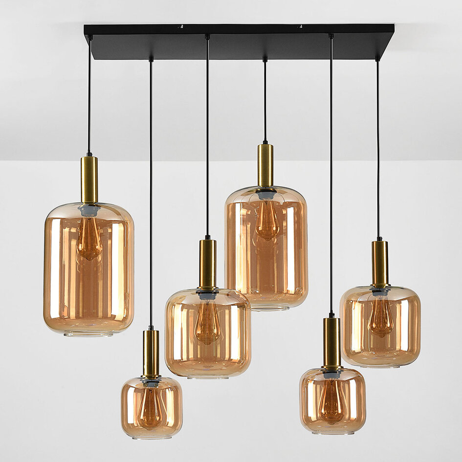 Pendellampa Sei med sex lampor, amberglas och guld