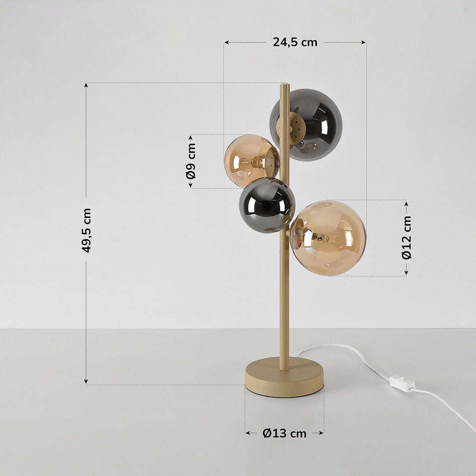 Bordslampa Tessera beige med fyra glaskulor i bärnsten och rök