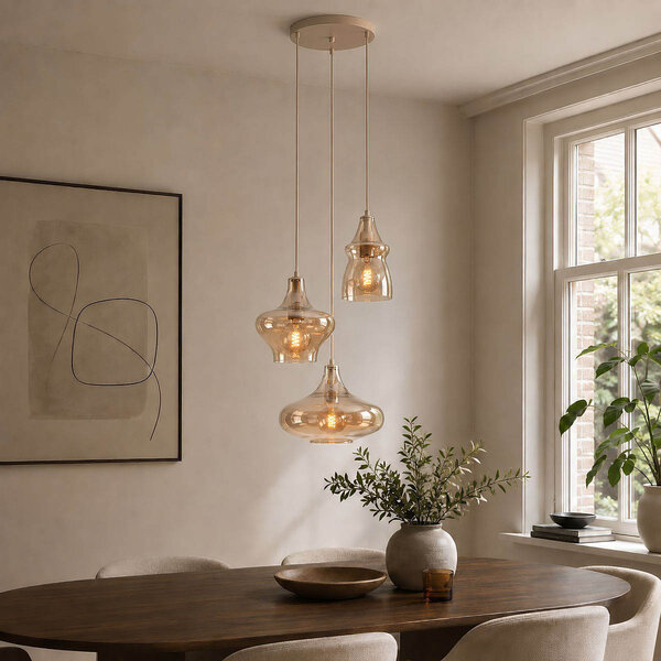 3-ljus taklampa Trinidad med bärnstensfärgat glas - beige