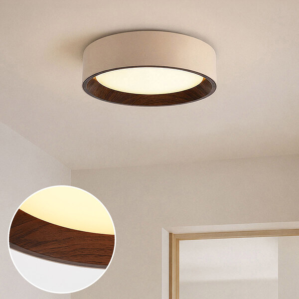Taklampa Nardia med integrerad LED och 3-stegs dimbar Ø29 cm - beige med träaccent