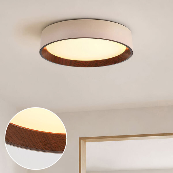 Taklampa Nardia med integrerad LED och 3-stegs dimbar Ø39 cm - beige med träaccent