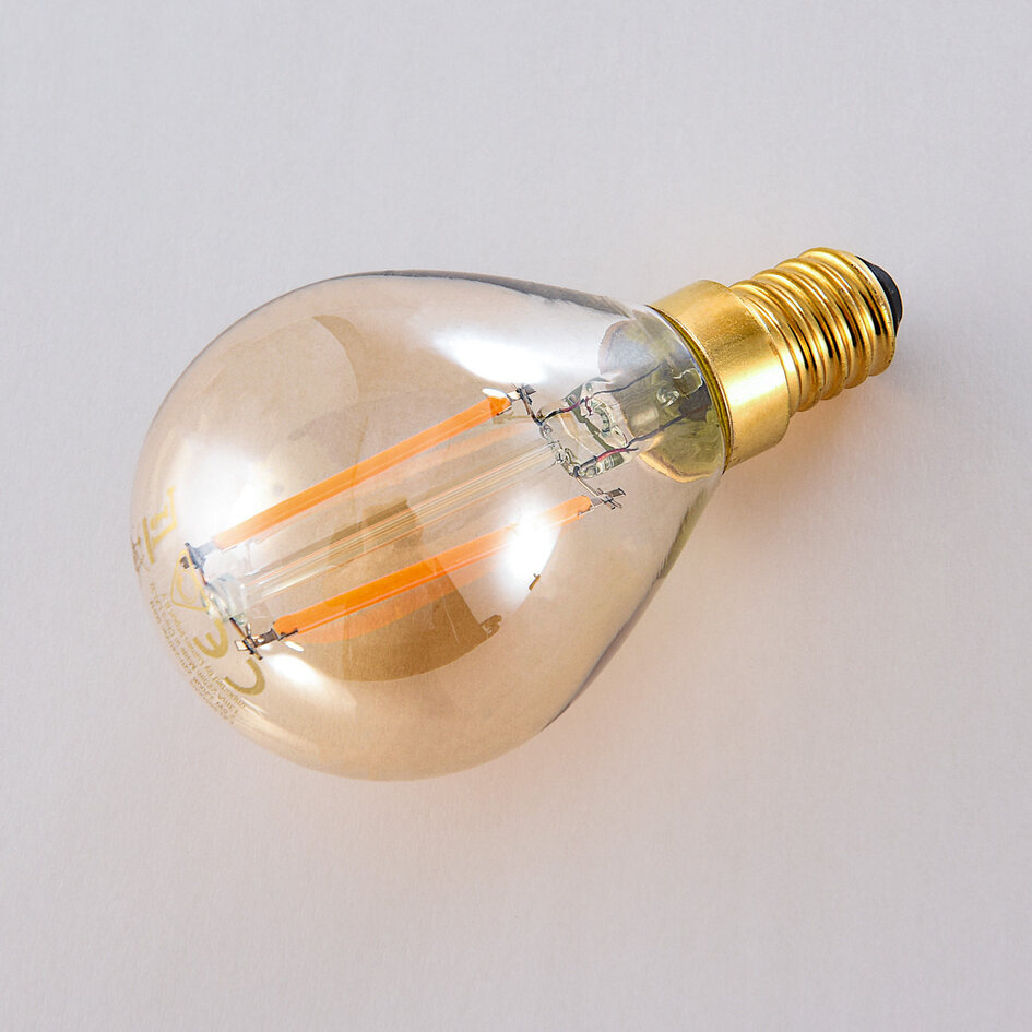 E14 dimbar LED-filamentlampa Ø45 mm med amberglas 2,5W 2200K
