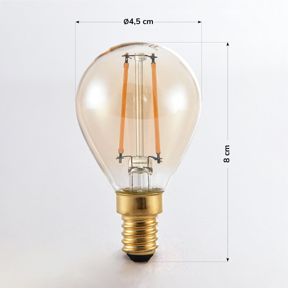 E14 dimbar LED-filamentlampa Ø45 mm med amberglas 2,5W 2200K