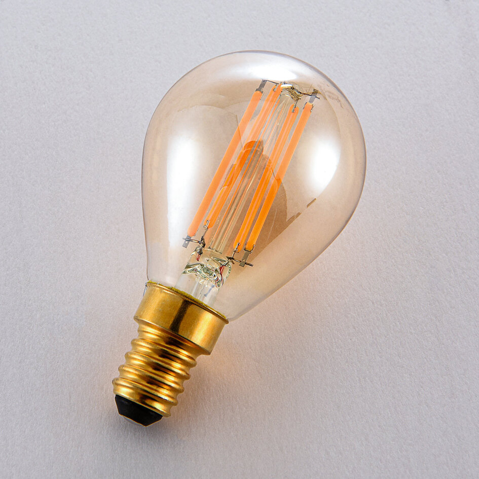 E14 3-stegs dimbar LED-filamentlampa Ø45 mm med amberglas 4,5W 2700K