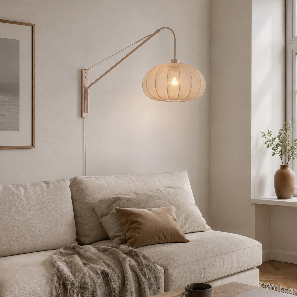 Justerbar vägglampa Brandel - rund ljusbeige tygskärm
