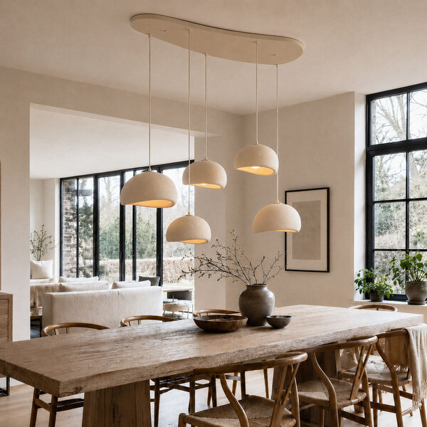 Wabi Sabi pendellampa Klori med fem lampor, sandbeige steneffekt
