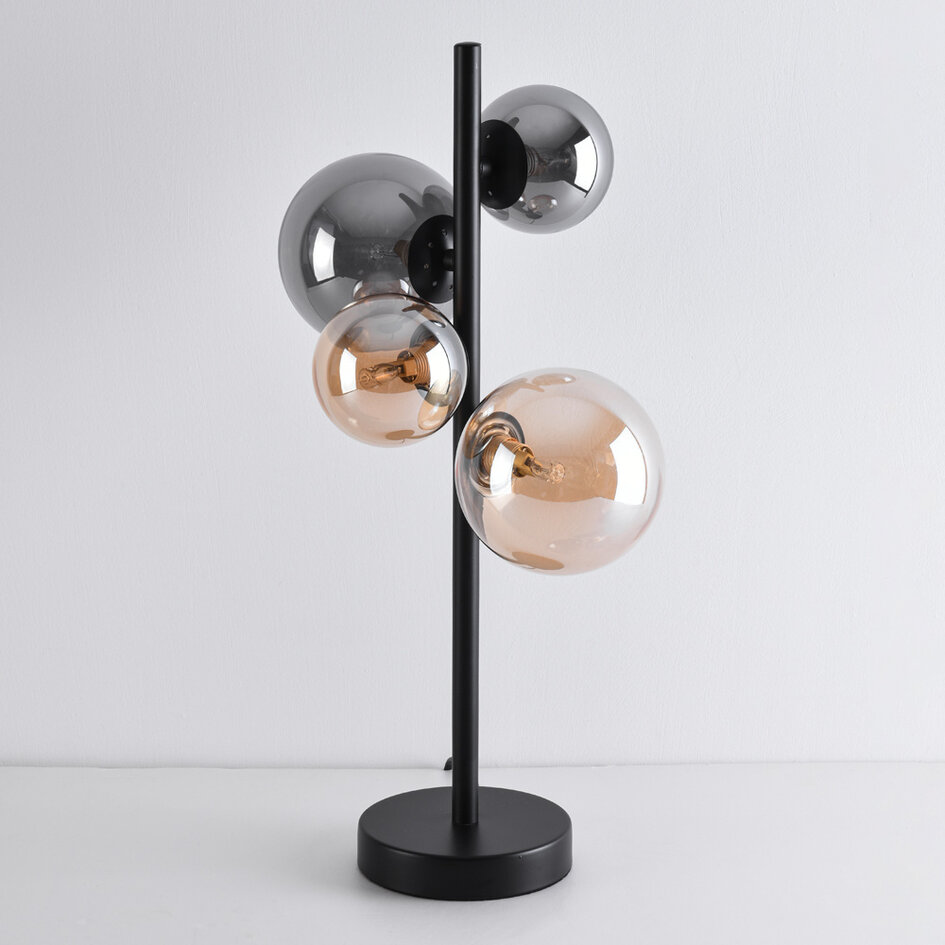 Bordslampa Tessera med fyra lampor och amber- och rökfärgat glas - svart
