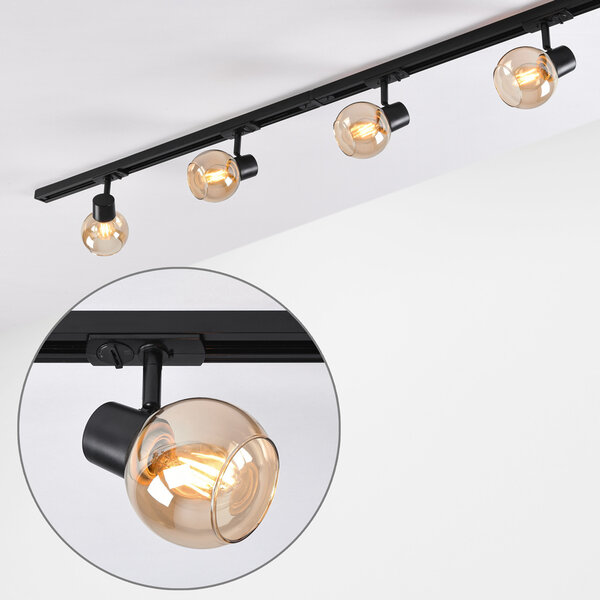 Set med 1-fas skensystem på 1,5 meter och Melle-spotlights, amberfärgat glas