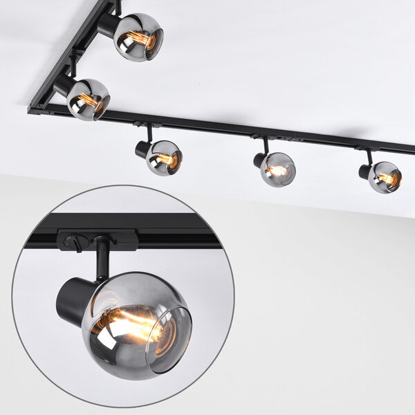 1-fas skensystem 3 meter med Melle-spotlights - svart med rökfärgat glas