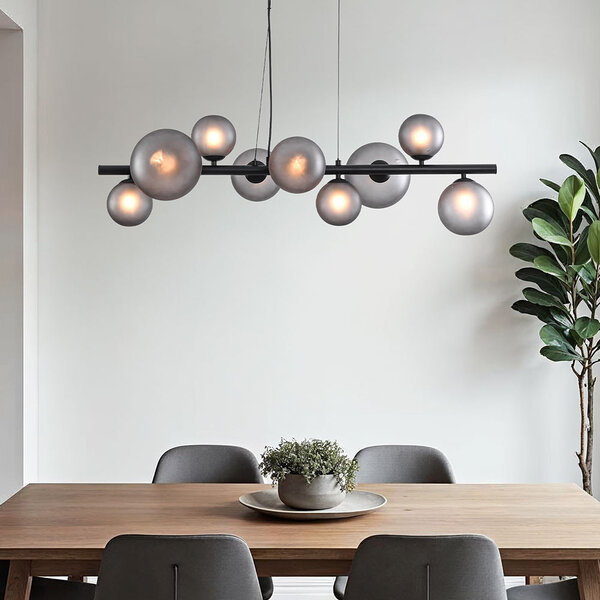 Design glashänglampa Givree, 9-ljus - svart med grått frostat glas